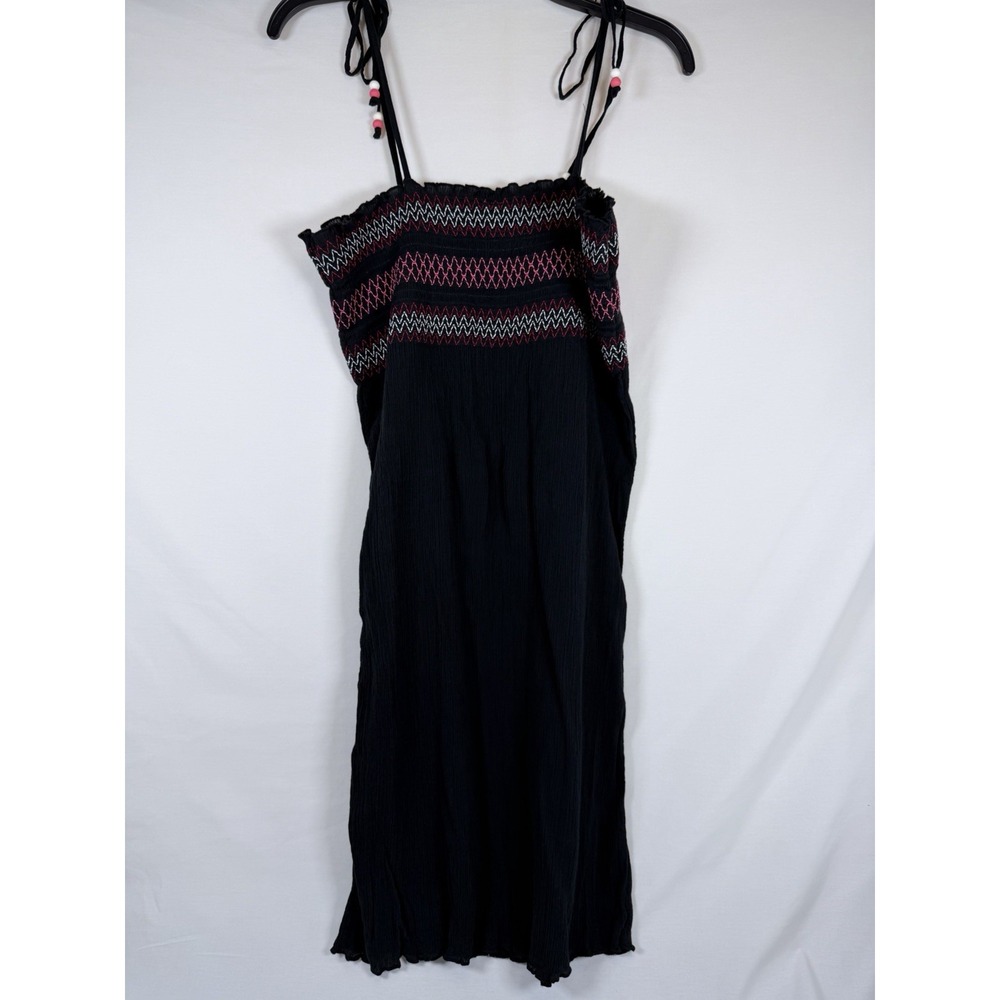 Sand N Sun M 8/10 Black Smocked Tie Strap Midi Dress Y2K Boho Beach